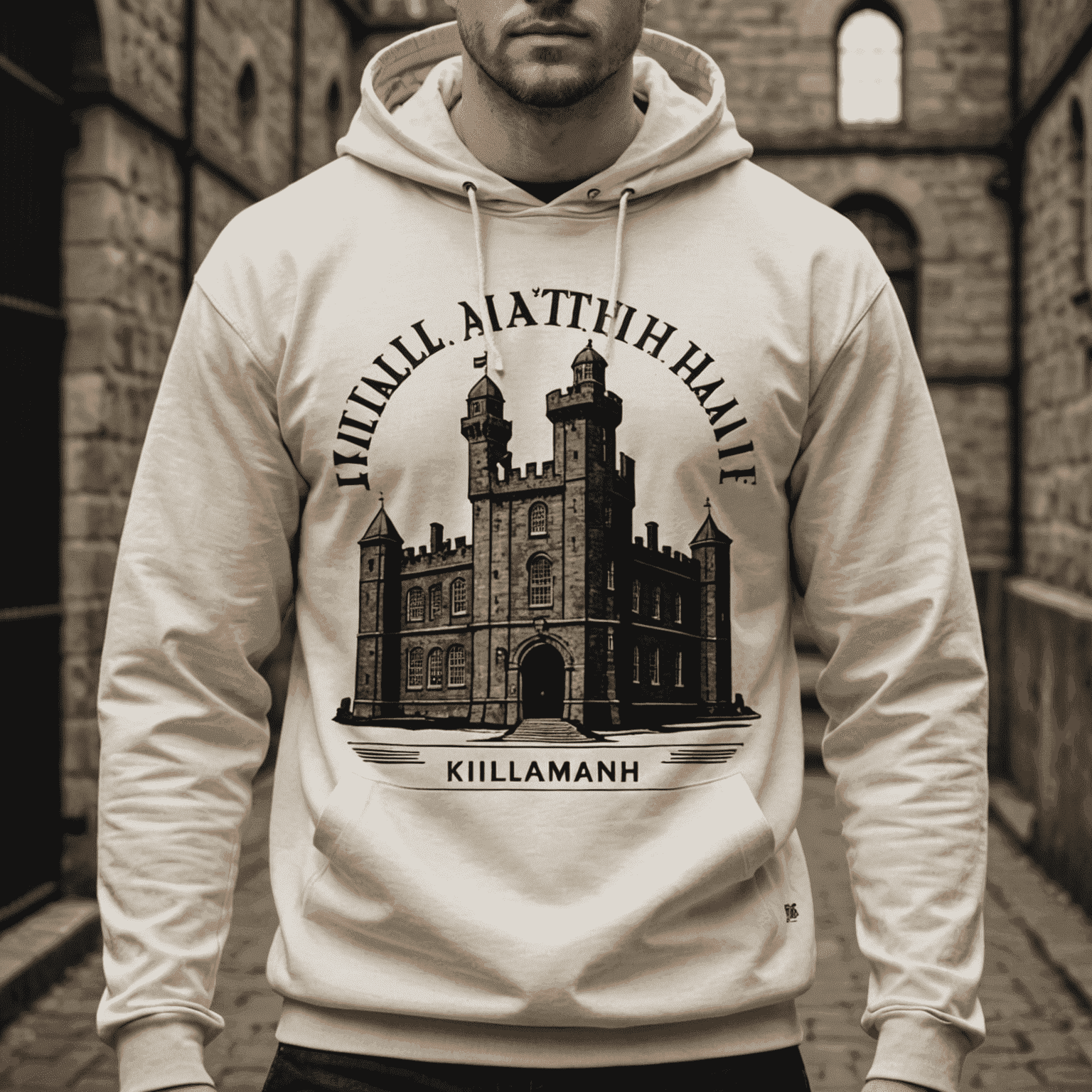 A collection of stylish apparel featuring designs inspired by Kilmainham Gaol architecture and history. Items include t-shirts, hoodies, and accessories with subtle prison-inspired patterns and historical motifs.