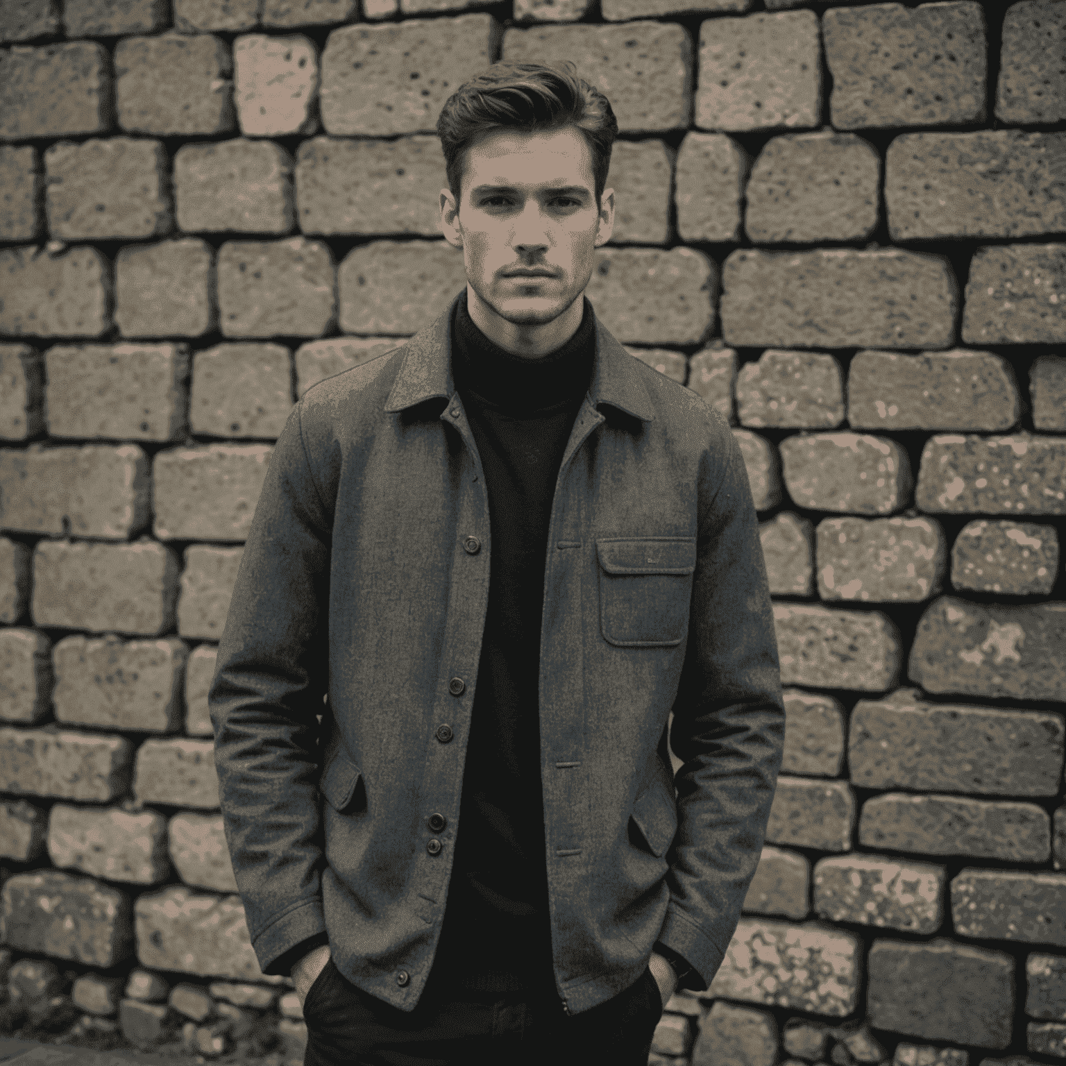 A model wearing a charcoal grey jacket with subtle prison bar patterns, standing in front of a weathered stone wall reminiscent of Kilmainham Gaol