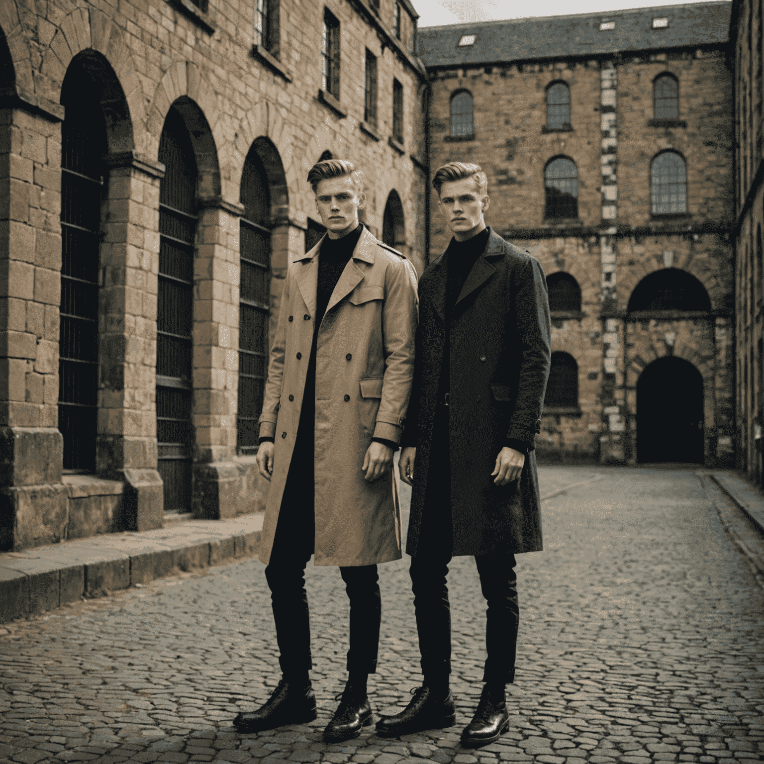 A dramatic showcase of the latest Kilmainham clothing collection, featuring models wearing industrial-inspired designs against the backdrop of Kilmainham Gaol's iconic architecture