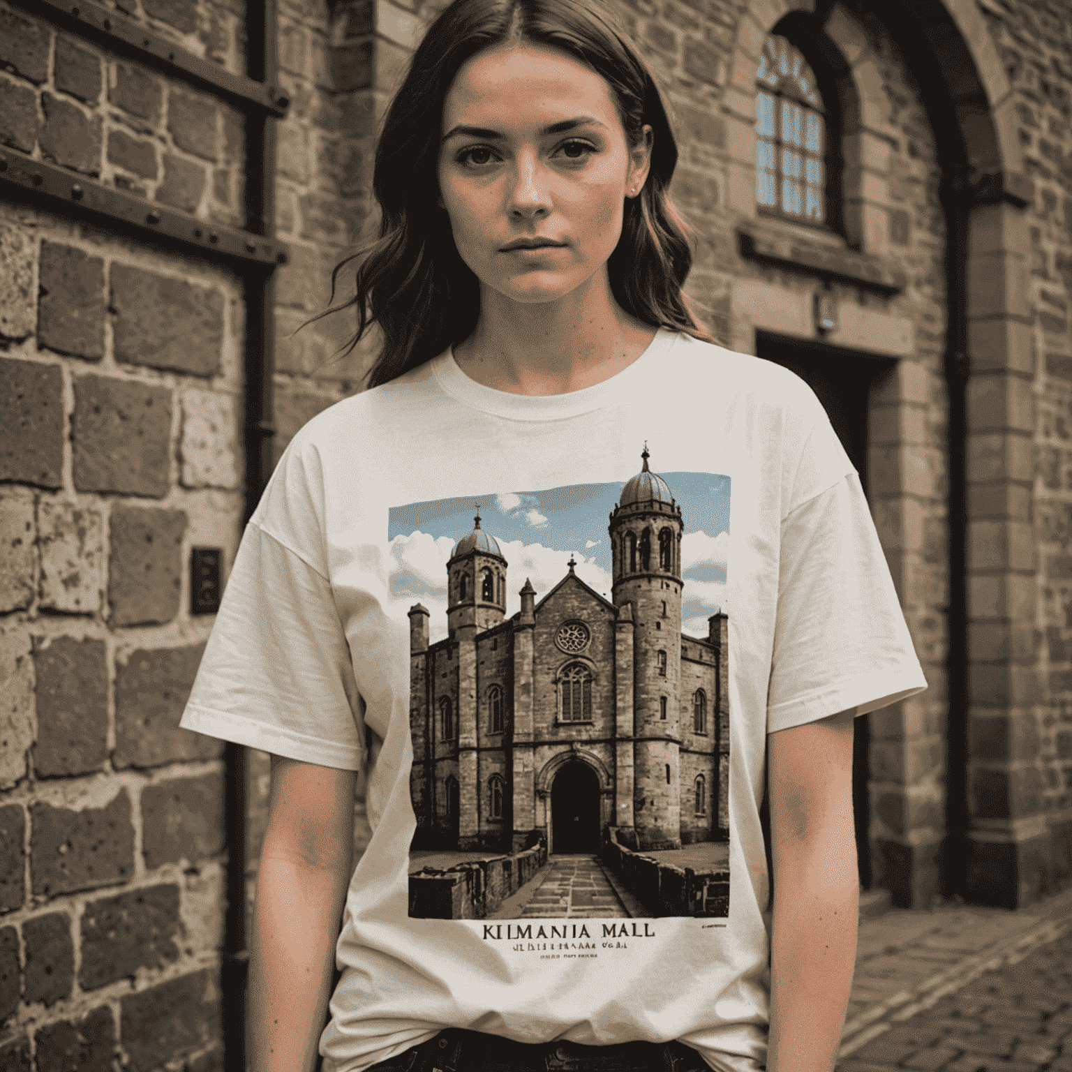 Collection of Kilmainham Gaol-inspired t-shirts featuring iconic designs and historical motifs