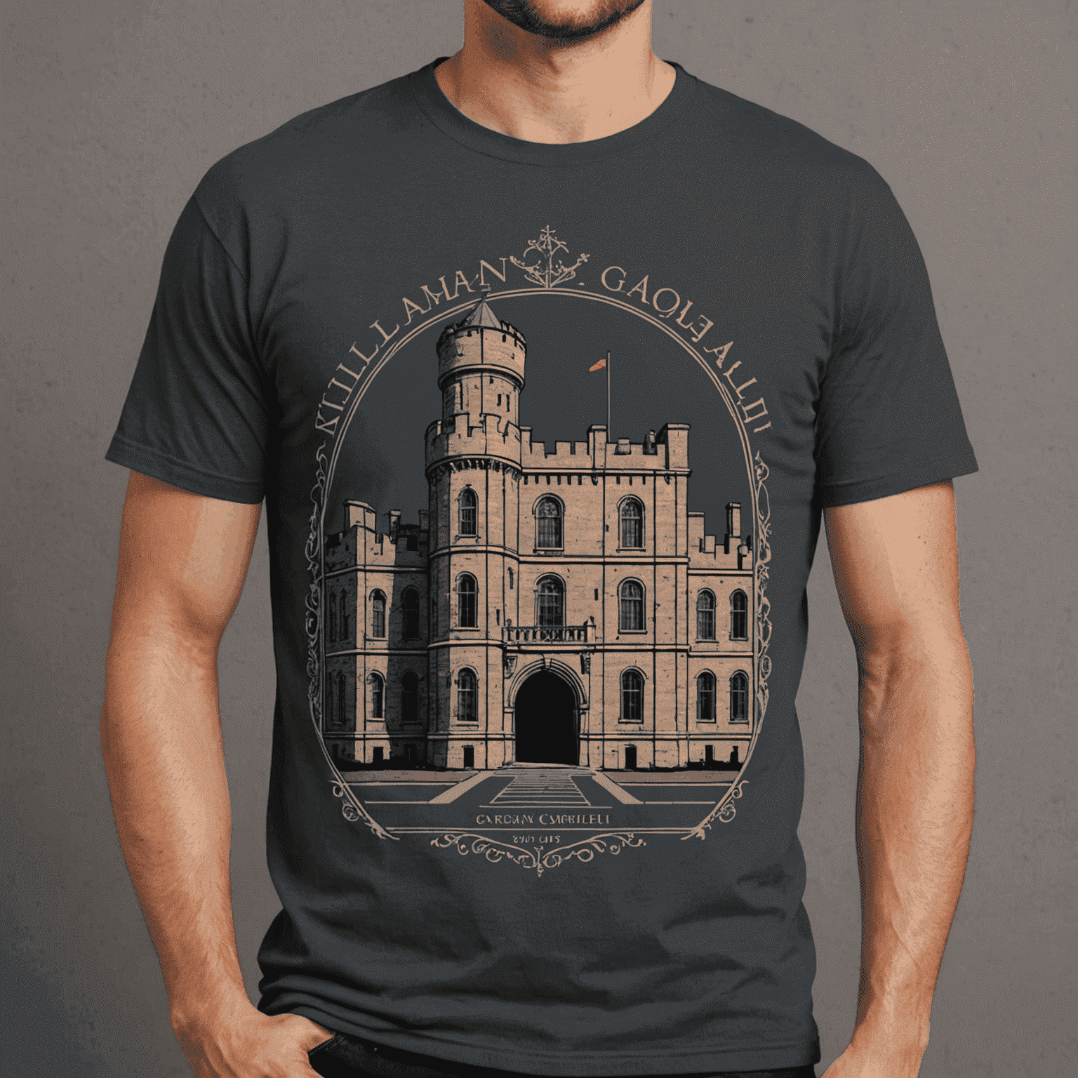 T-shirt featuring a stylized illustration of Kilmainham Gaol's iconic East Wing, with its striking Victorian architecture and iron walkways, printed in muted brick red on a charcoal grey background