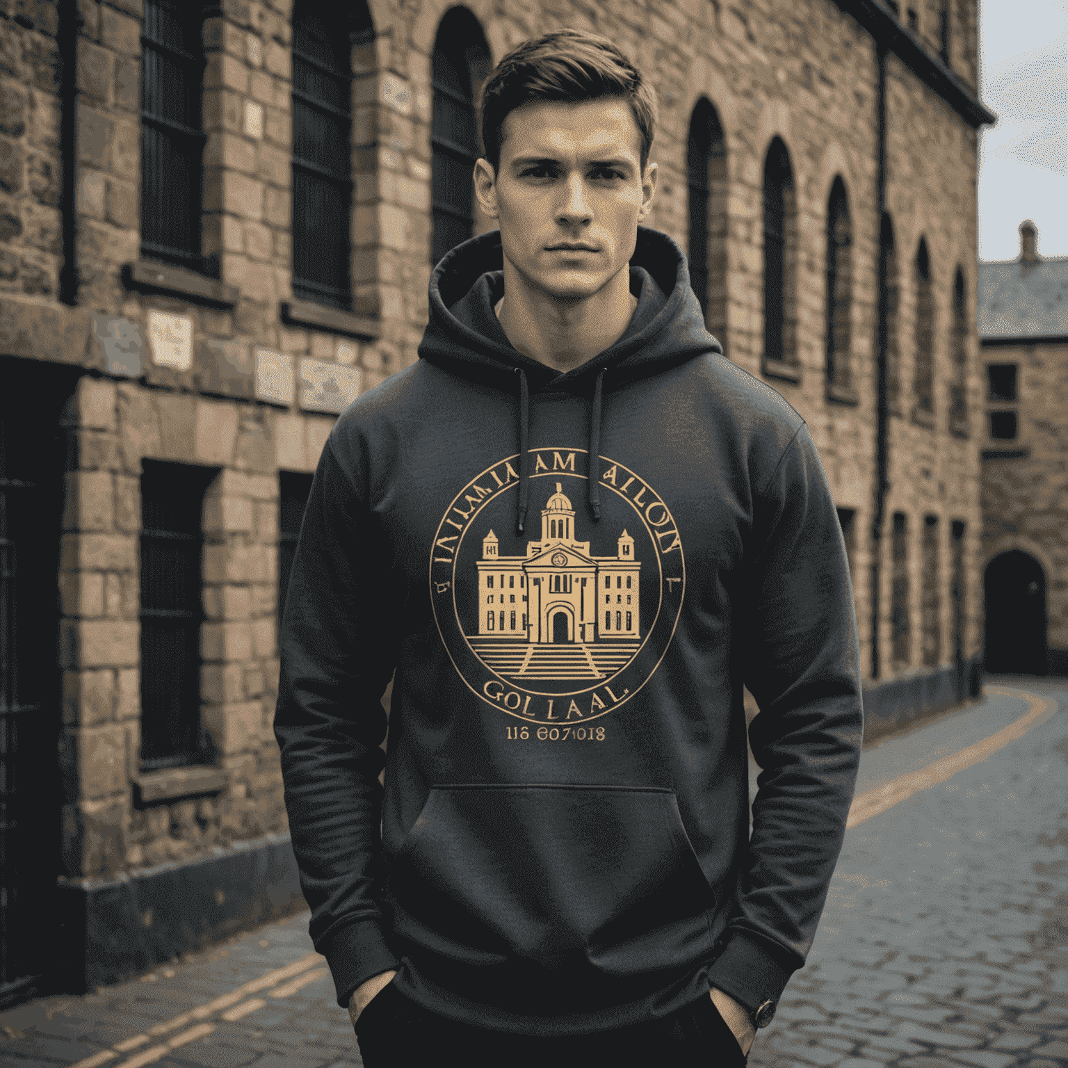 A stylish charcoal grey hoodie with a subtle Kilmainham Gaol-inspired design on the front. The design features an outline of the prison's iconic architecture in matte gold.