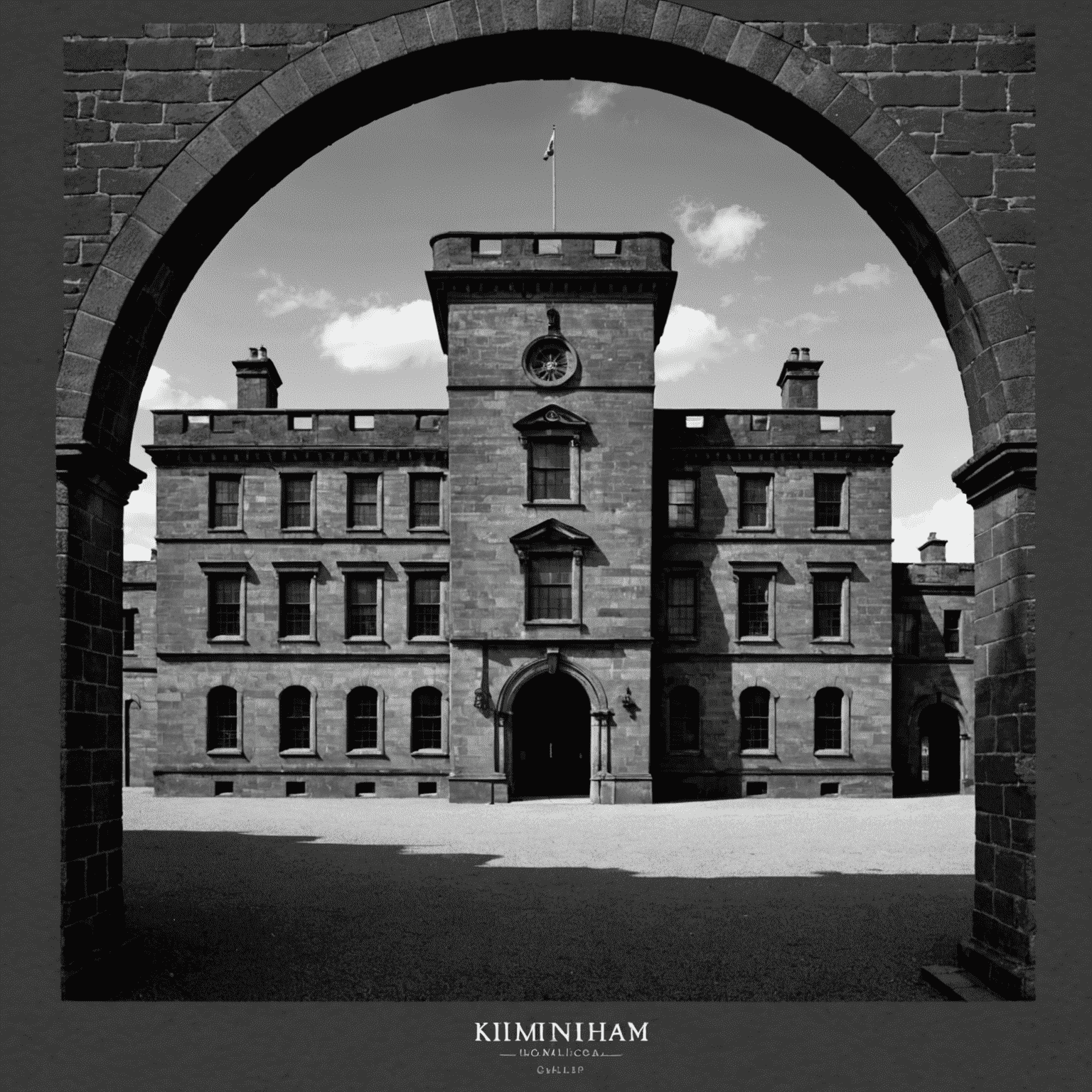 A stark black and white image of Kilmainham Gaol's East Wing, with its iconic Victorian design prominently featured on a charcoal grey t-shirt