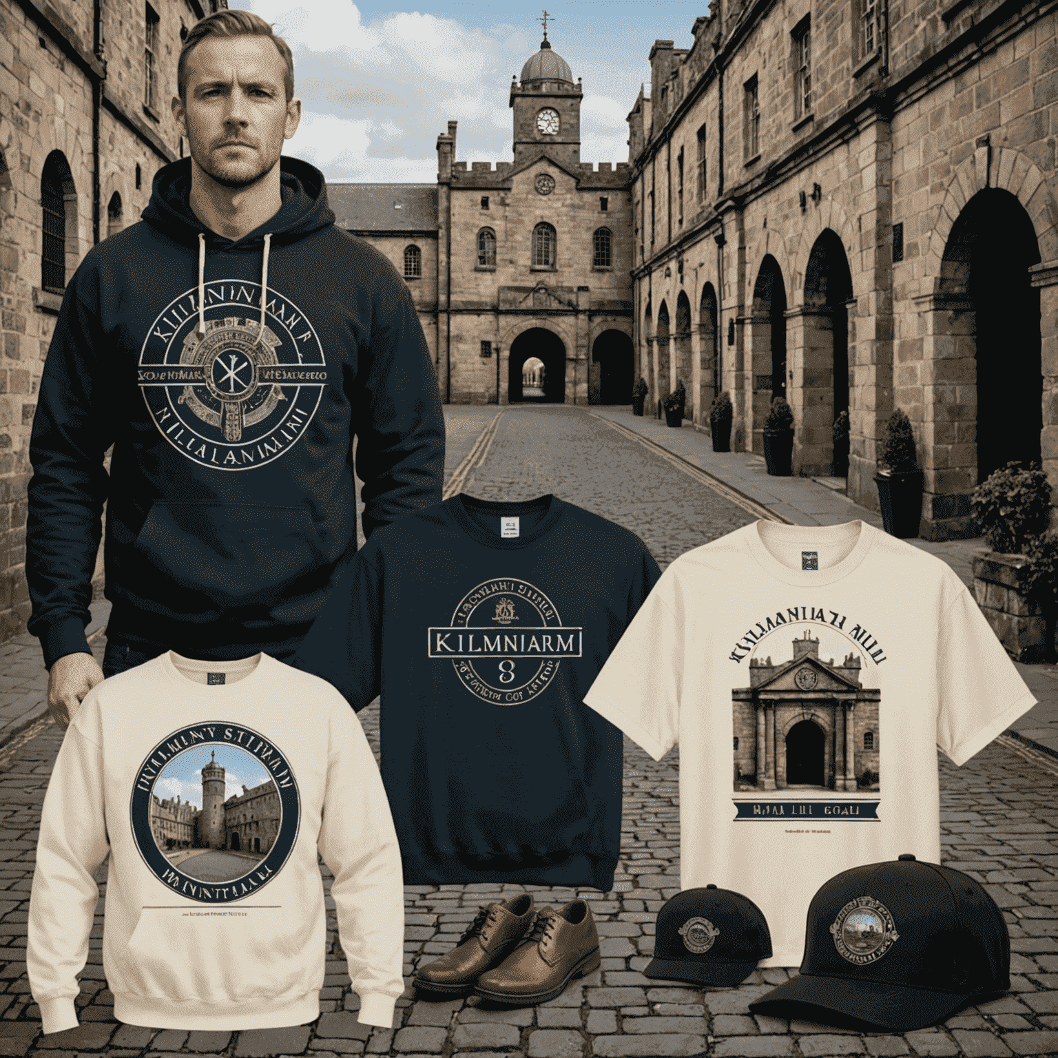 A collage of custom Kilmainham-inspired apparel items, including t-shirts, hoodies, and accessories, showcasing various designs related to Kilmainham Gaol's history