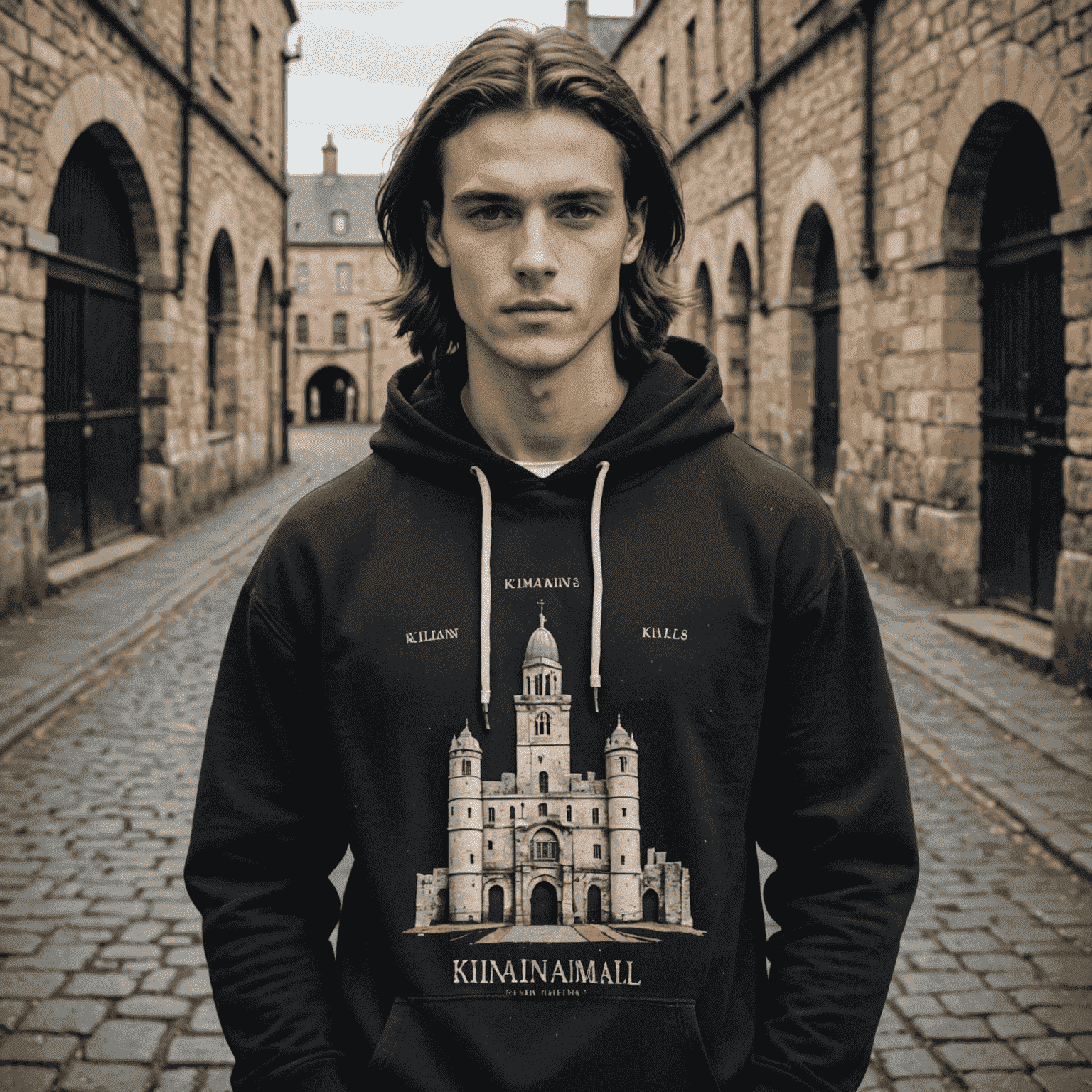 A stylish model wearing a black hoodie with a subtle print of Kilmainham Gaol's iconic architecture. The hoodie features distressed details and a vintage wash, embodying both historical significance and contemporary fashion.