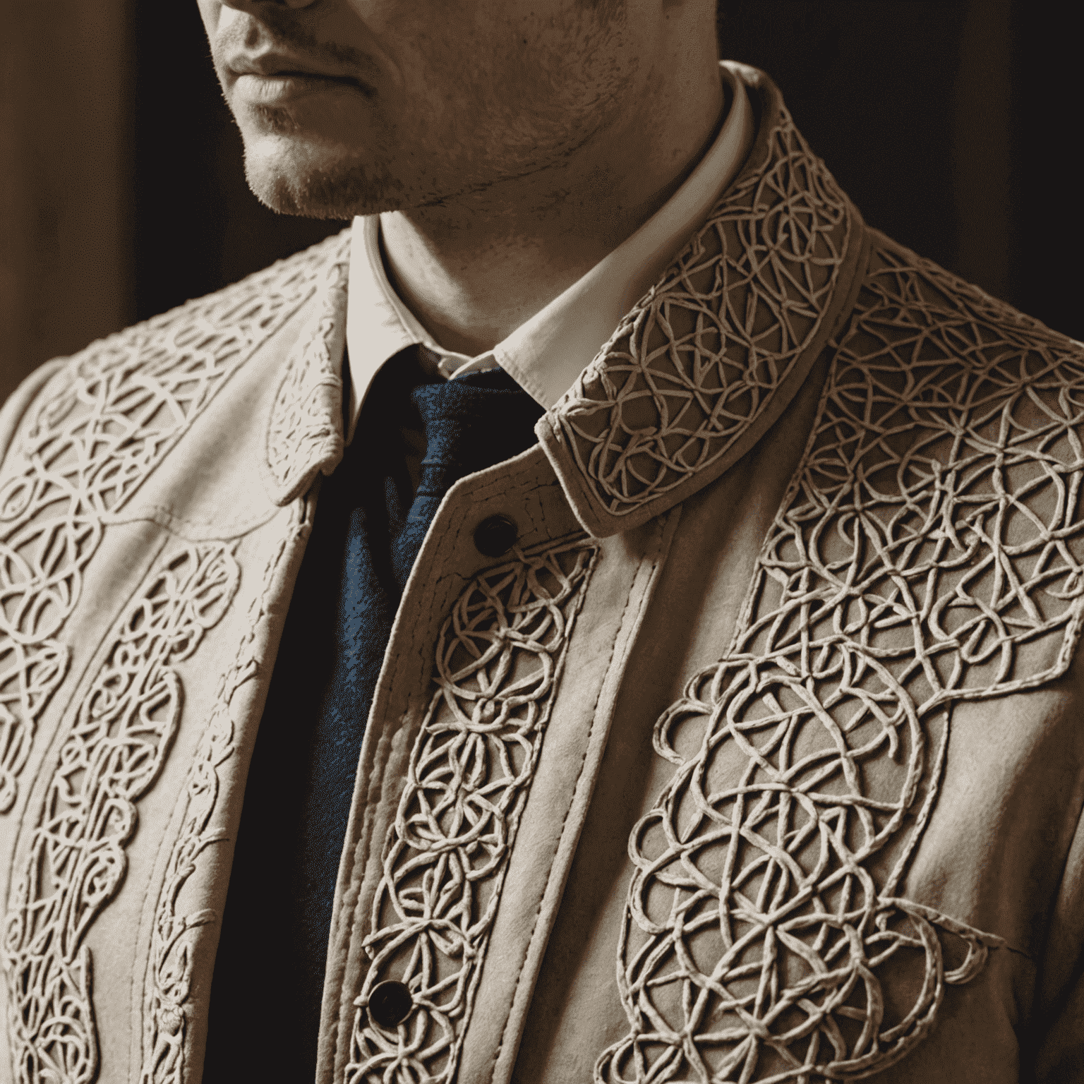 Close-up of a jacket collar featuring intricate stitching patterns inspired by Kilmainham Gaol's architectural details