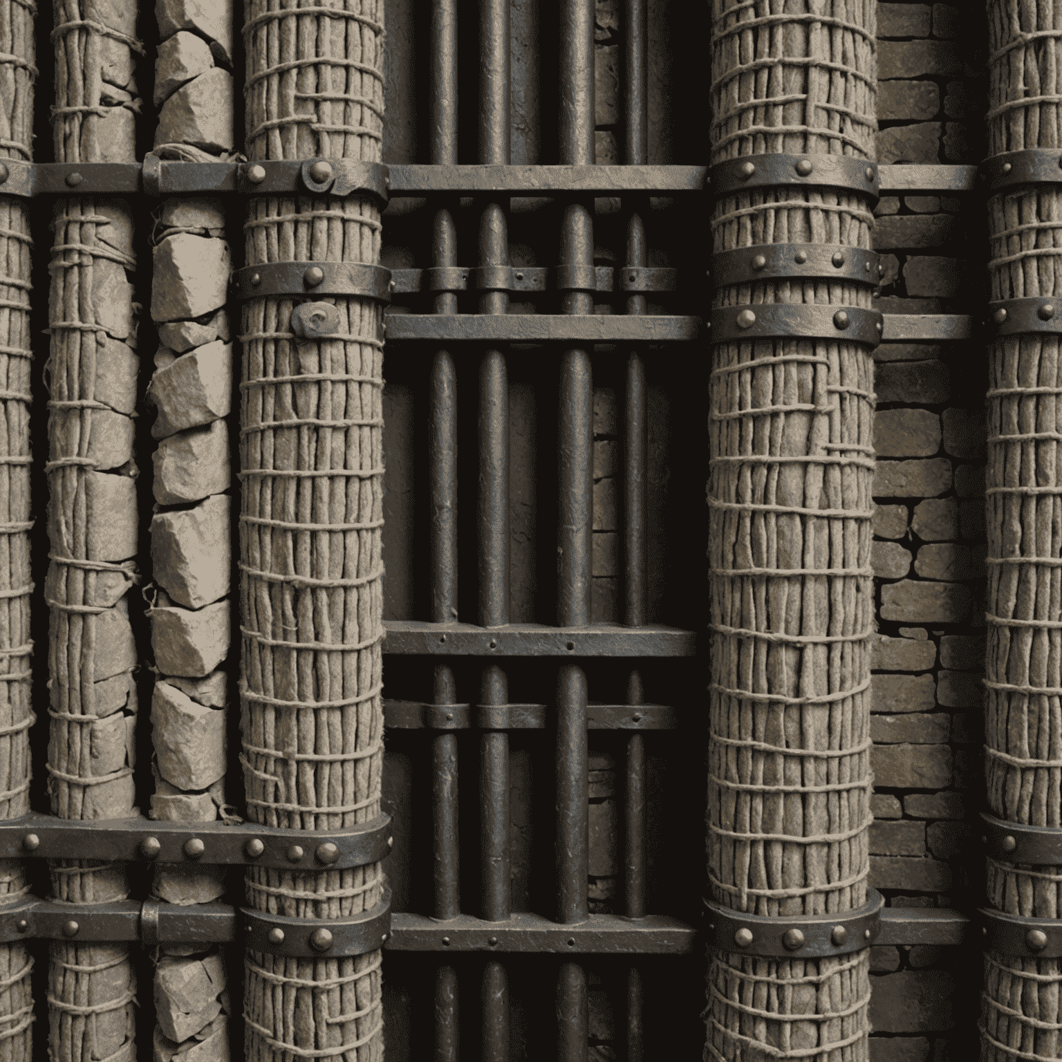 Close-up shots of fabric textures and patterns inspired by Kilmainham Gaol's architecture, showcasing rough stone-like weaves and metallic accents reminiscent of iron bars