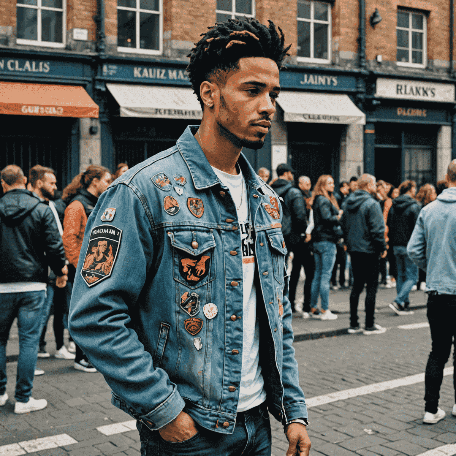 Popular musician wearing Kilmainham's distressed denim jacket with prison-inspired patches during a street performance. The jacket stands out against the urban backdrop.