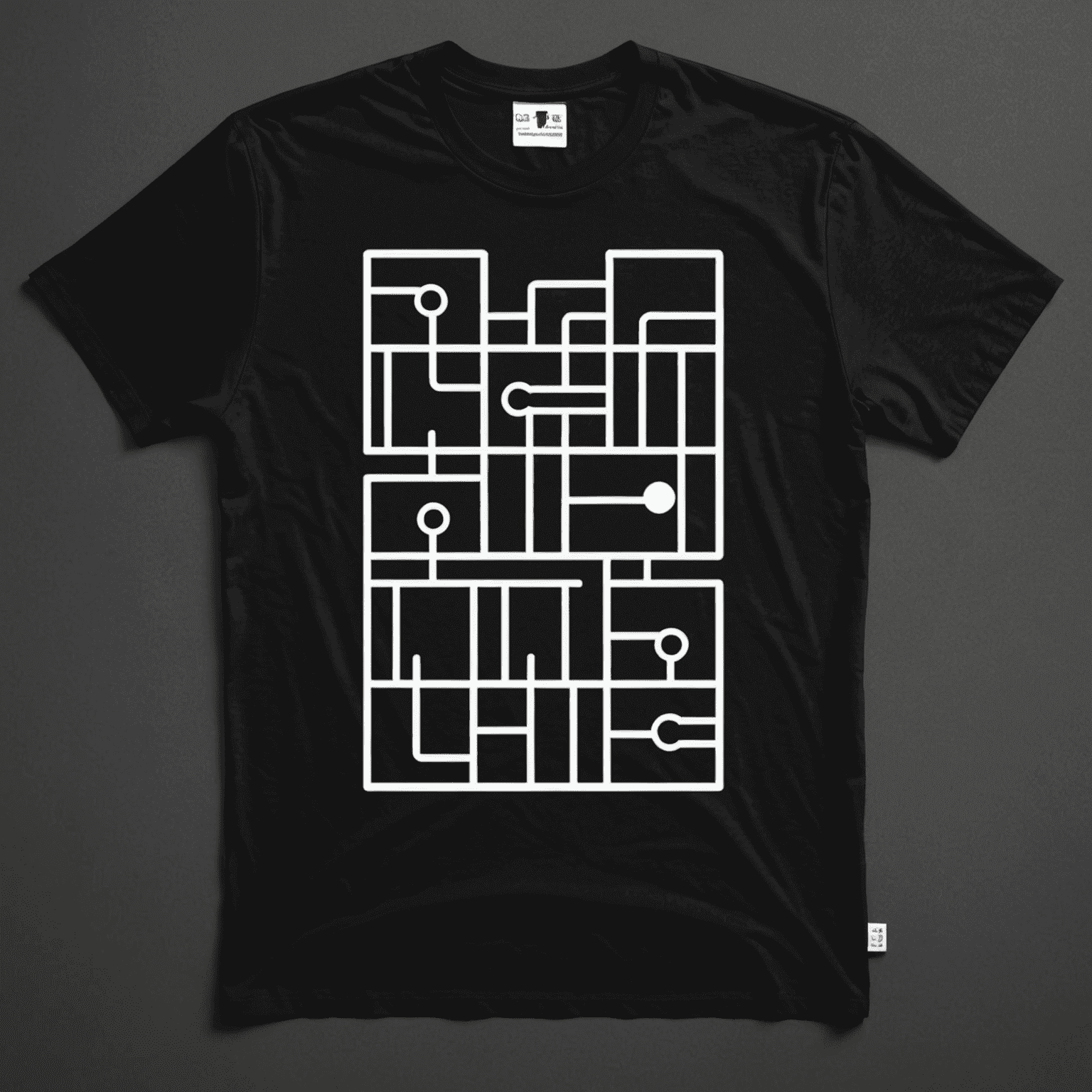 T-shirt with a minimalist design of interlocking cell keys, symbolizing confinement and freedom, printed in brushed steel color on a matte black background