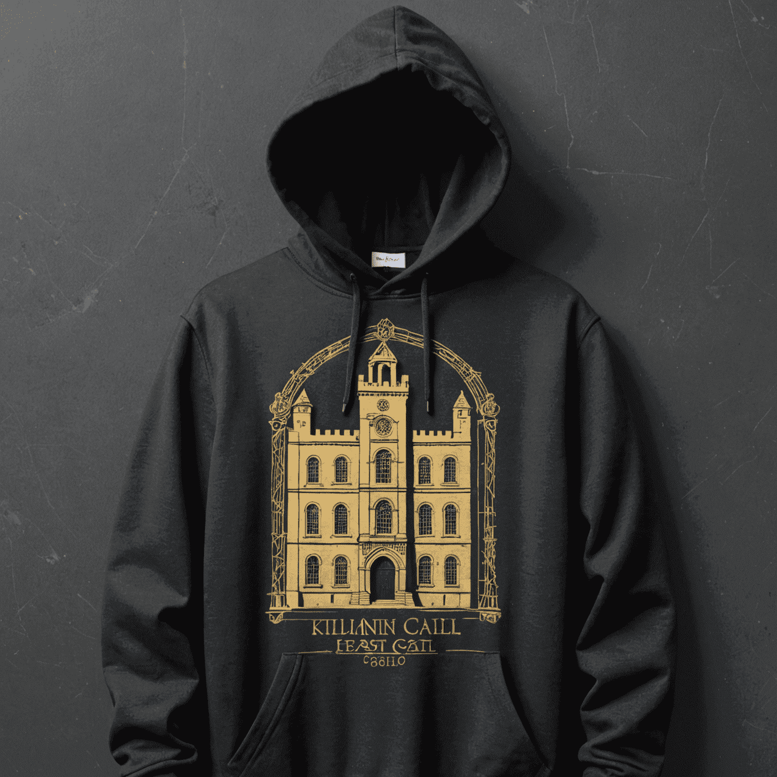 Close-up of a hoodie featuring a detailed sketch of Kilmainham Gaol's East Wing in matte gold on a charcoal background