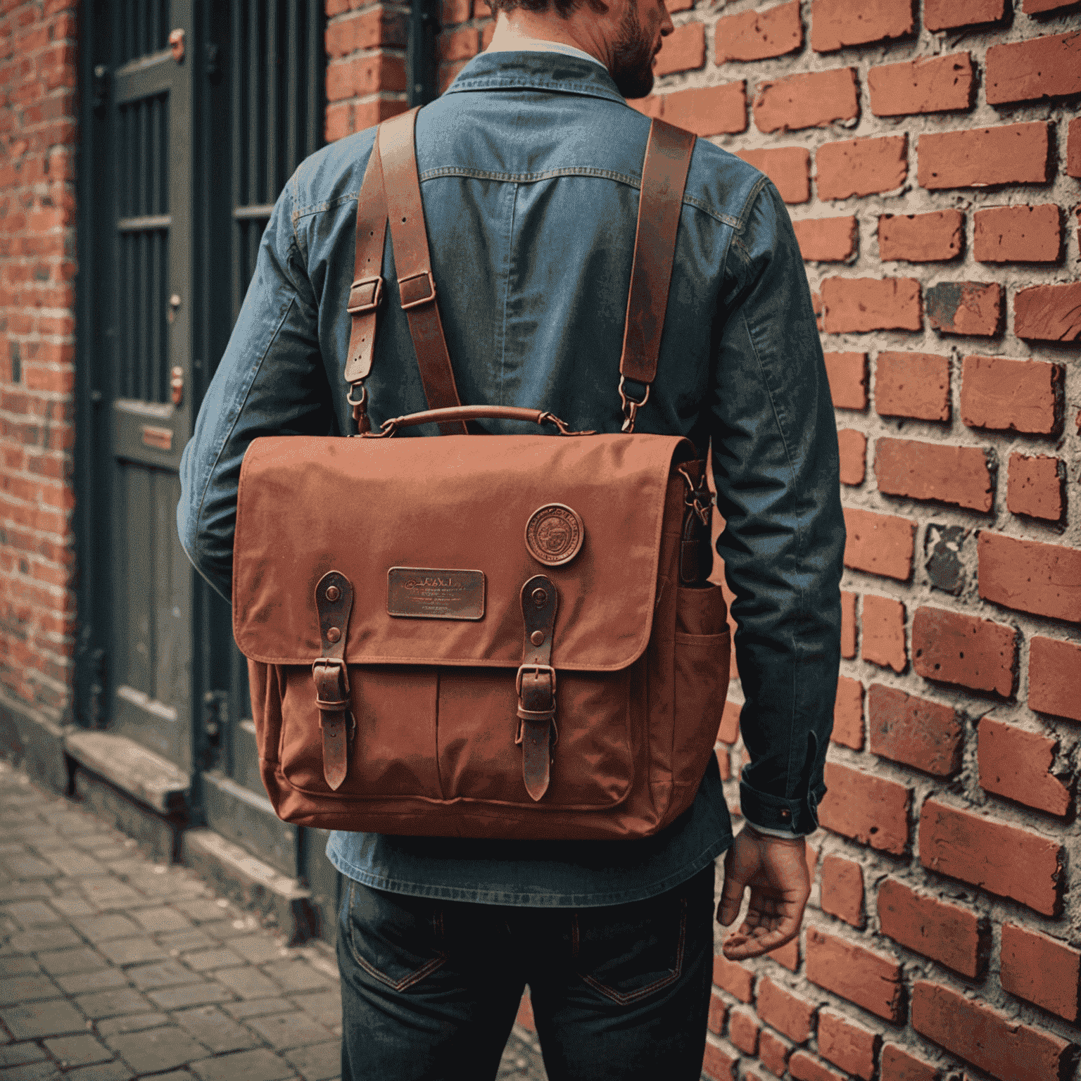 A rugged canvas messenger bag in muted brick red. The bag features antique brass hardware and a leather patch with an embossed Kilmainham Gaol motif.