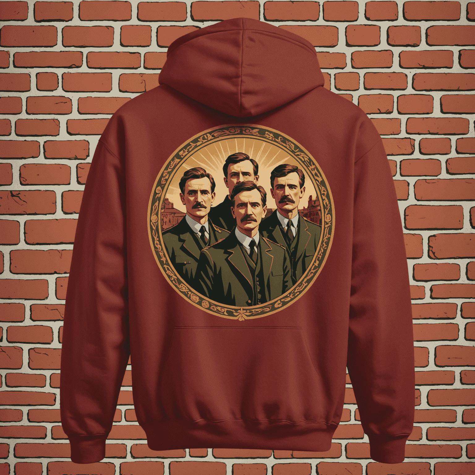 A muted brick red hoodie featuring a stylized illustration of the 1916 Easter Rising leaders, with subtle gold accents