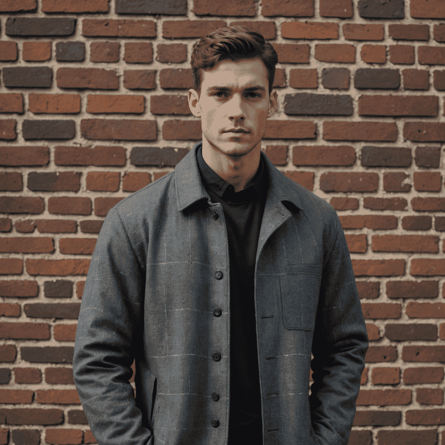A model wearing a charcoal grey jacket with subtle prison bar patterns, standing in front of a brick wall reminiscent of Kilmainham Gaol