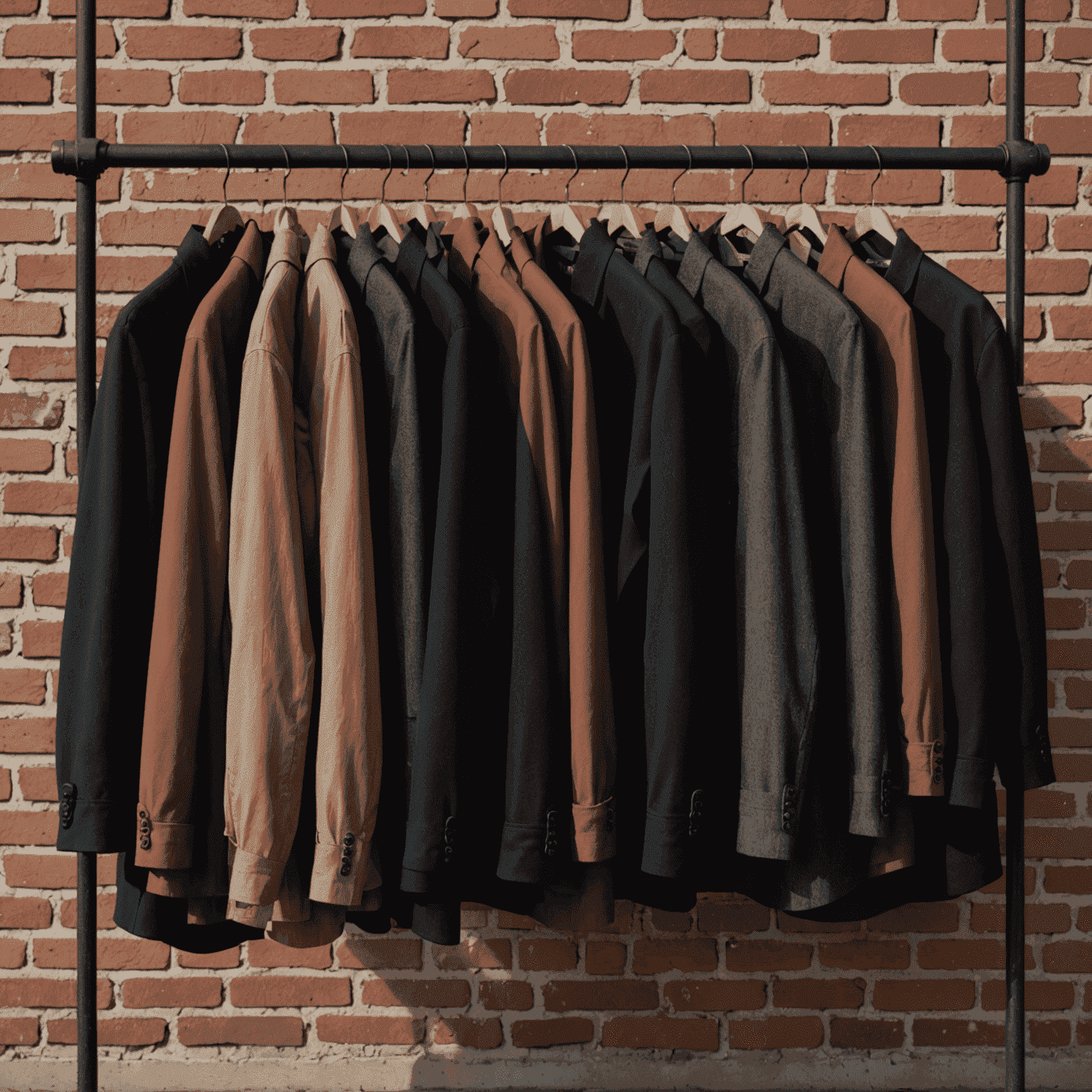 A rack of clothing featuring muted brick red shirts and oxidized black jackets, showcasing the collection's color palette