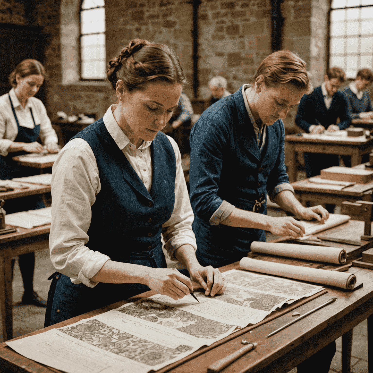 Skilled artisans working on the Kilmainham Collection, showcasing traditional tailoring techniques alongside modern fabric printing and treatment processes
