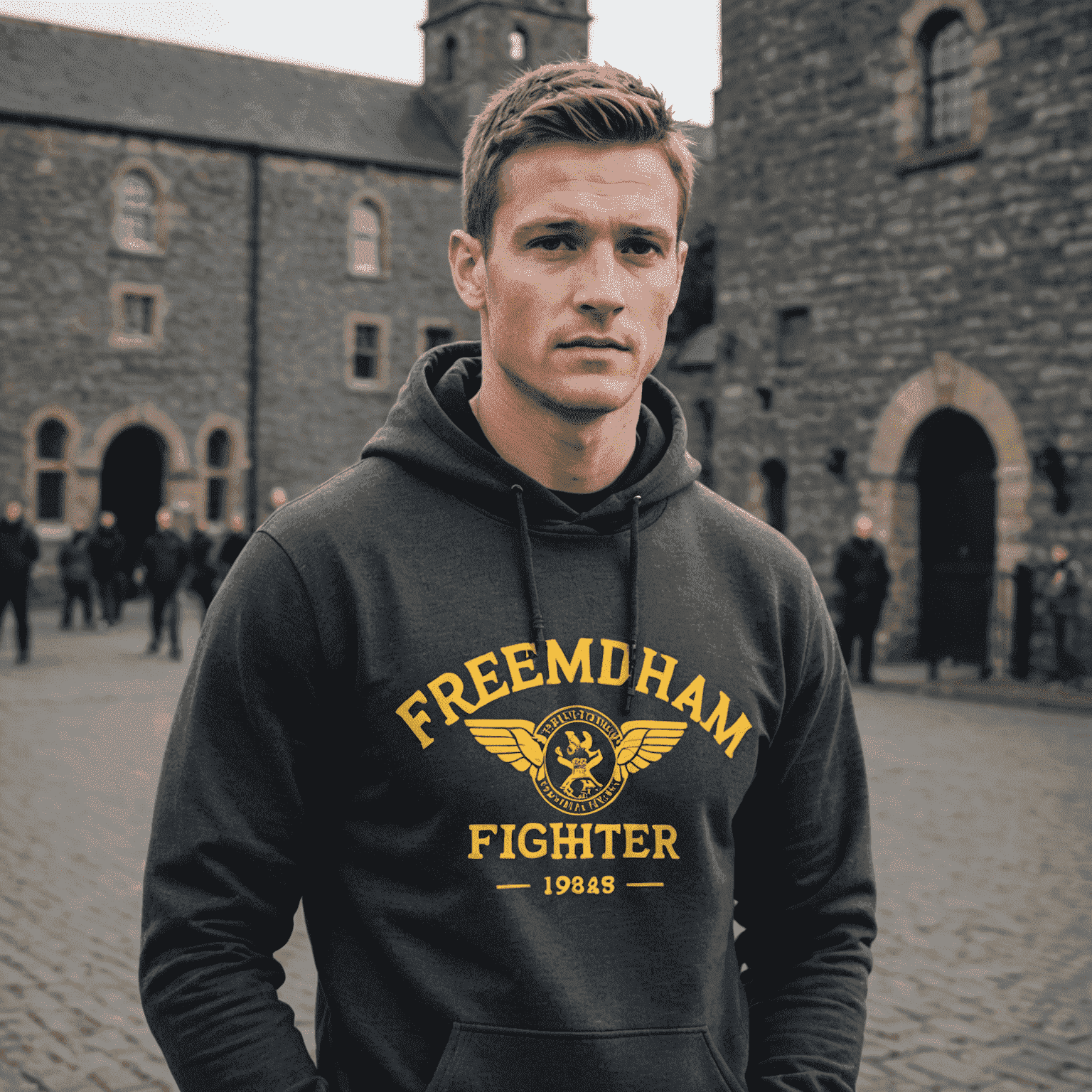 Famous athlete wearing Kilmainham's 'Freedom Fighter' hoodie in charcoal grey with subtle gold accents during a post-game interview. The hoodie's design incorporates elements reminiscent of Kilmainham Gaol's architecture.