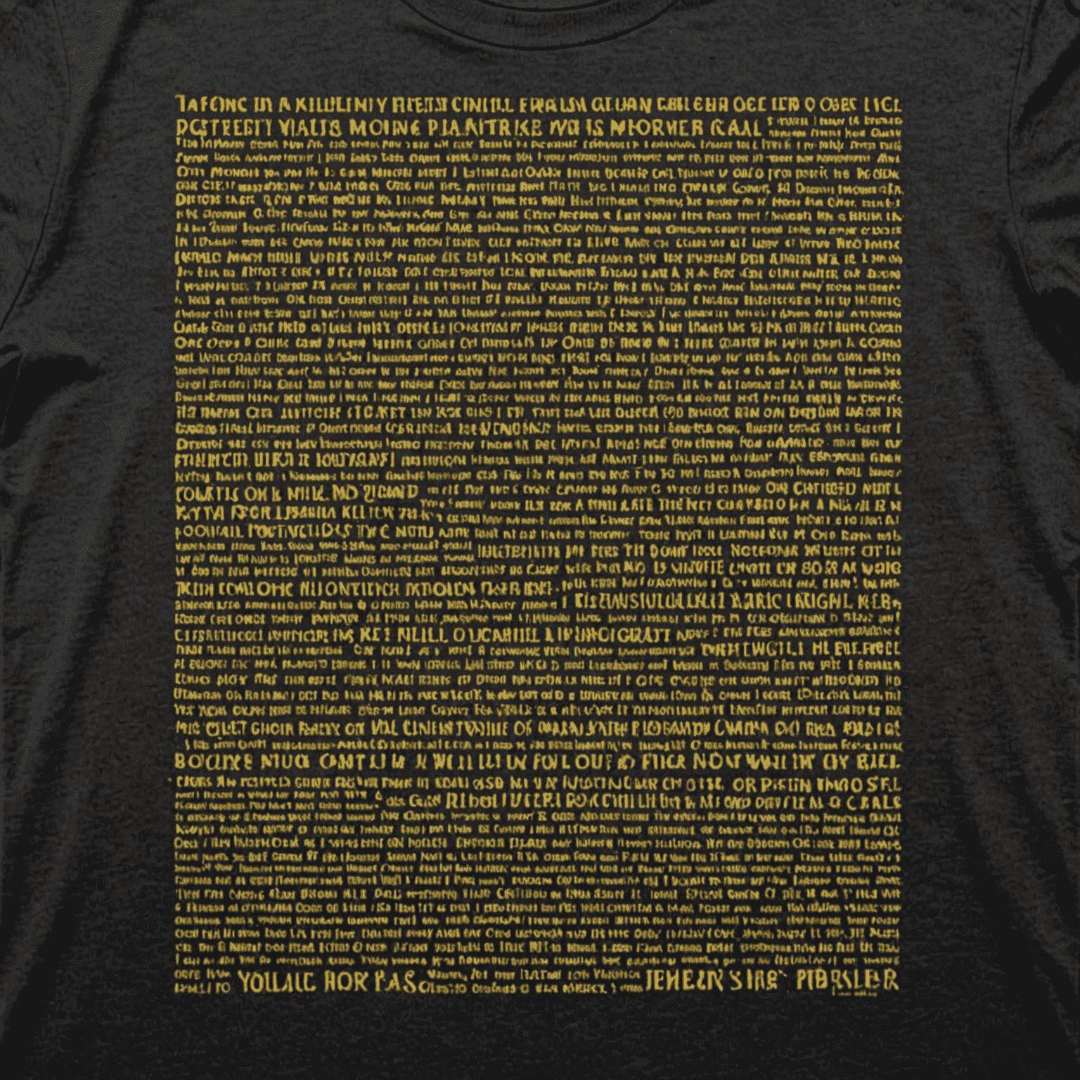 T-shirt featuring a collage of famous quotes from Kilmainham Gaol's prisoners, arranged in the shape of the Irish flag, printed in muted gold on a deep charcoal background