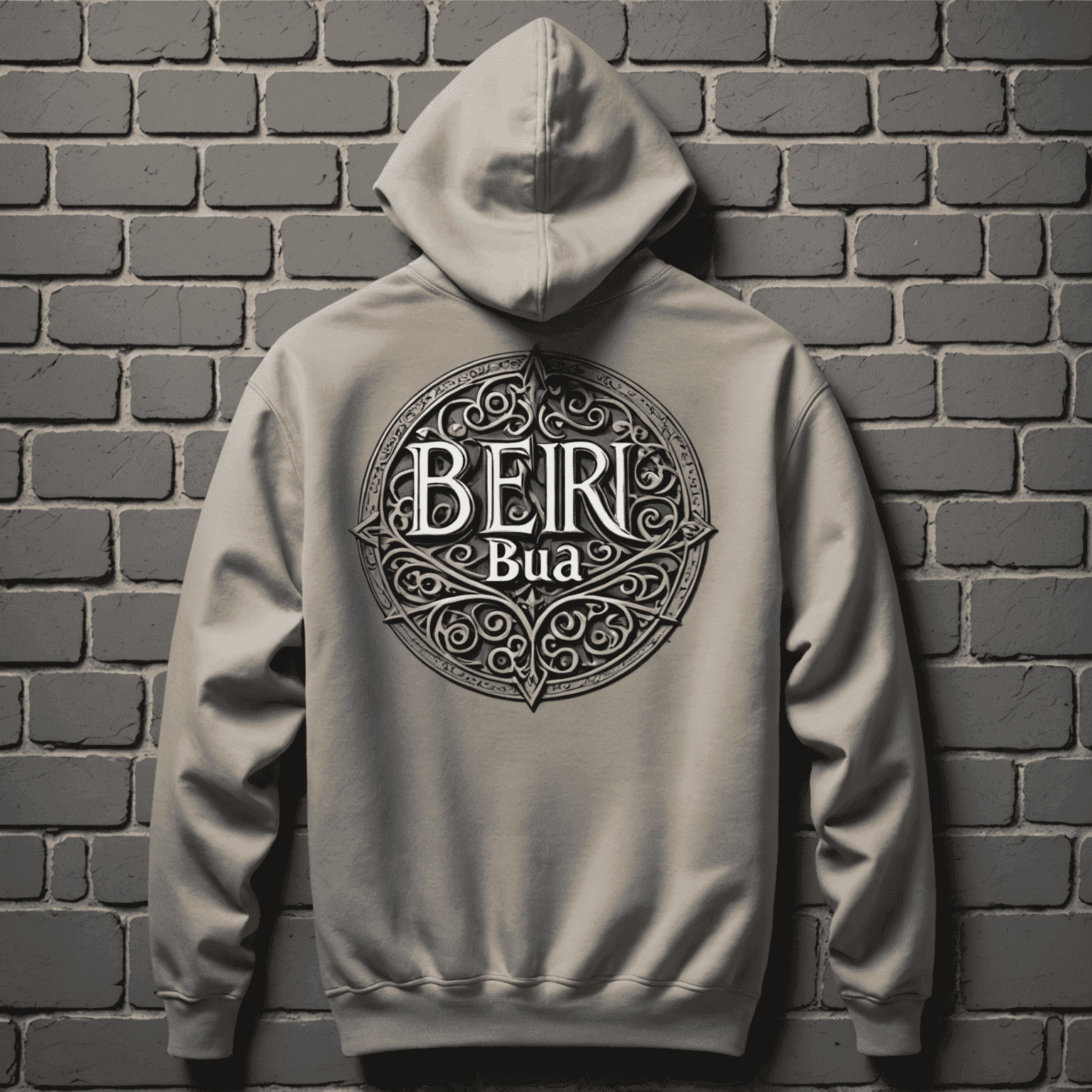 A hoodie back design showcasing the famous words 'Beir Bua' in brushed steel lettering, symbolizing the spirit of Kilmainham