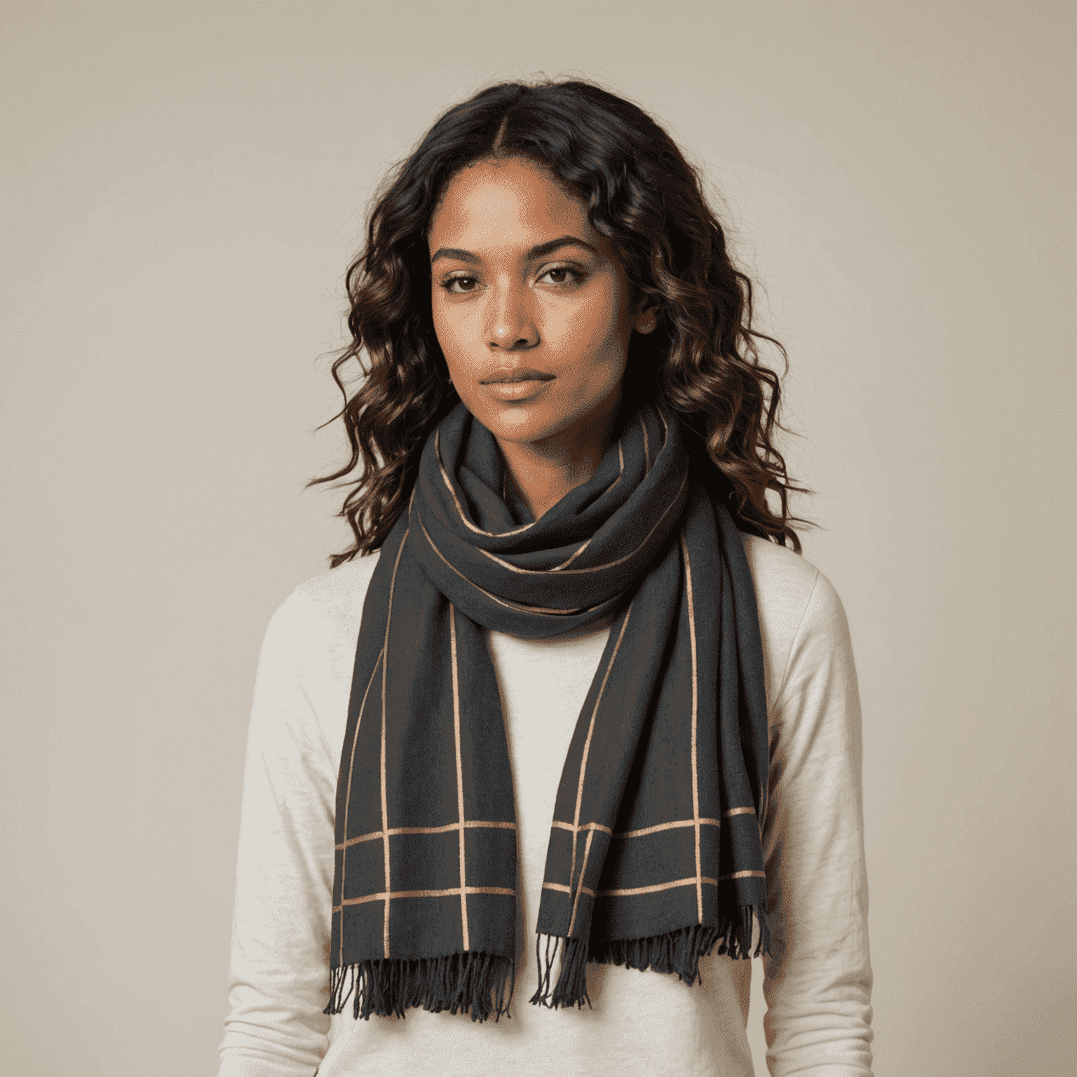A luxurious wool scarf in charcoal grey with thin matte gold stripes. The scarf ends feature a subtle geometric pattern inspired by the prison's architecture.