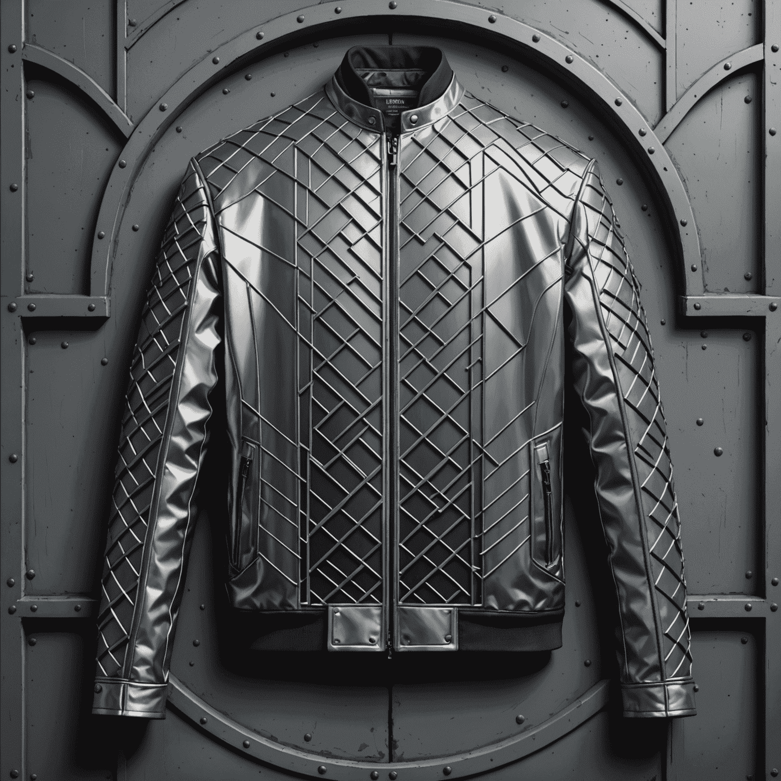 A sleek, brushed steel colored jacket with geometric patterns inspired by the cell doors of Kilmainham Gaol