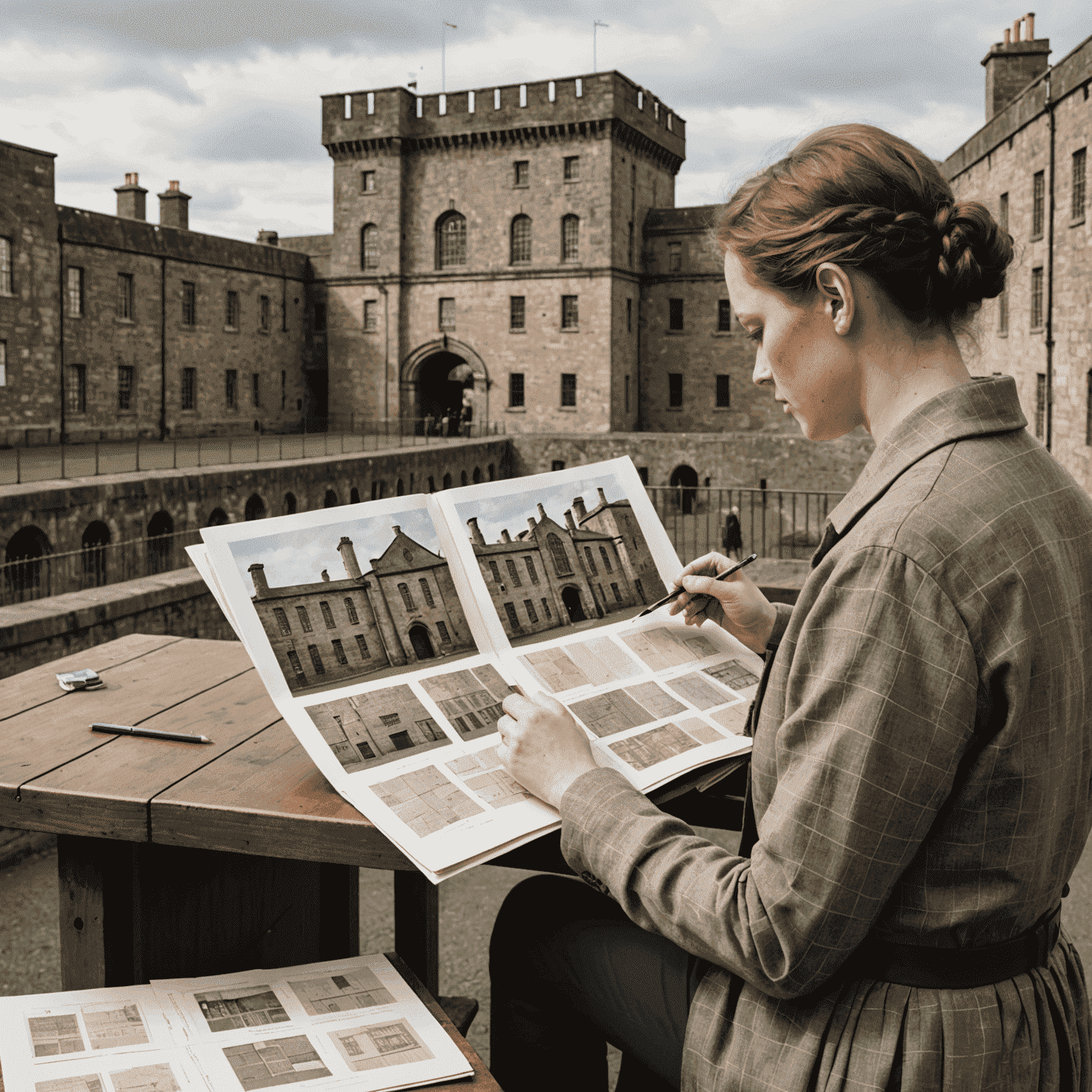 A designer sketching Kilmainham Gaol-inspired patterns, surrounded by fabric swatches in muted tones and historical photographs of the prison