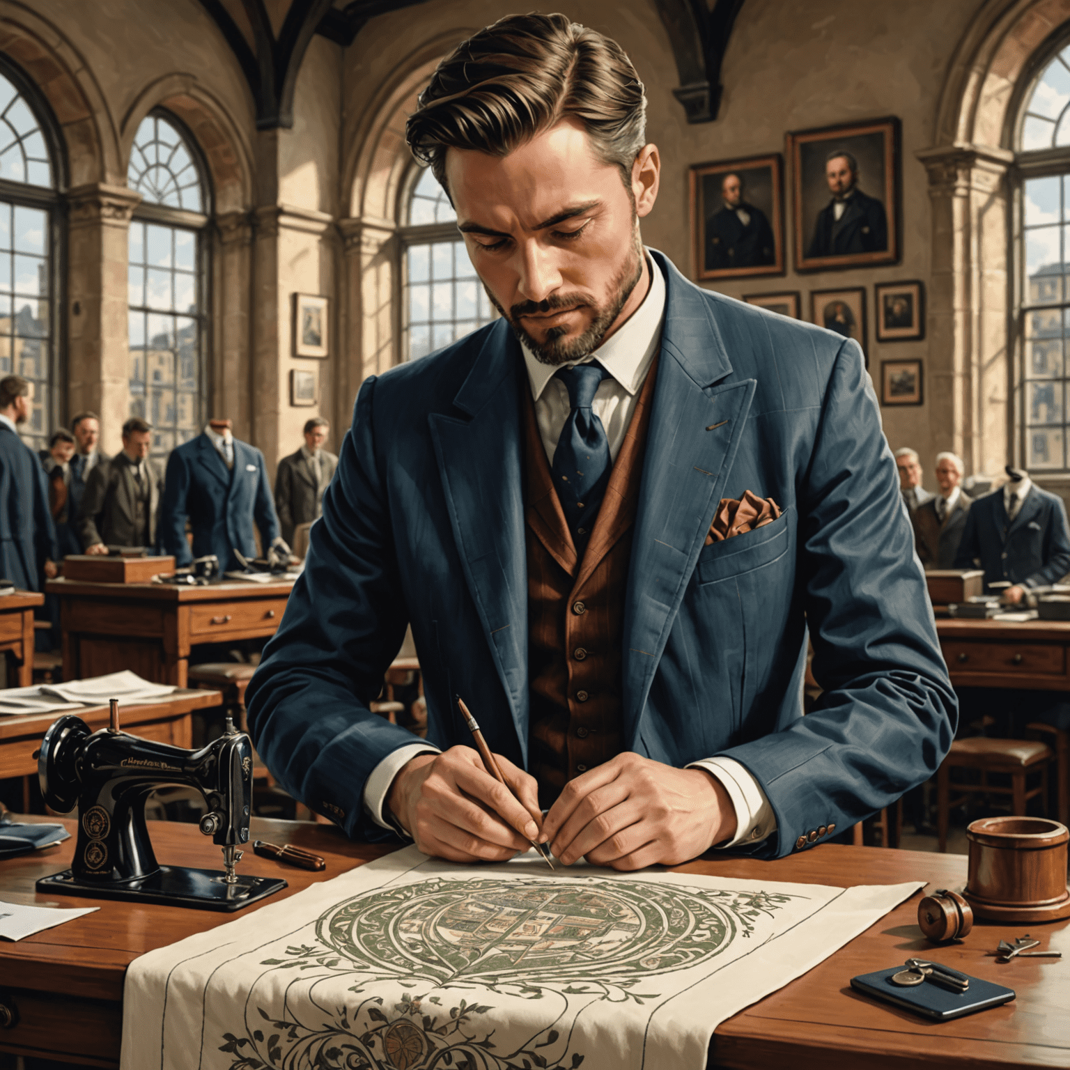A tailor meticulously stitching a jacket with Kilmainham-inspired detailing, showcasing the collection's craftsmanship