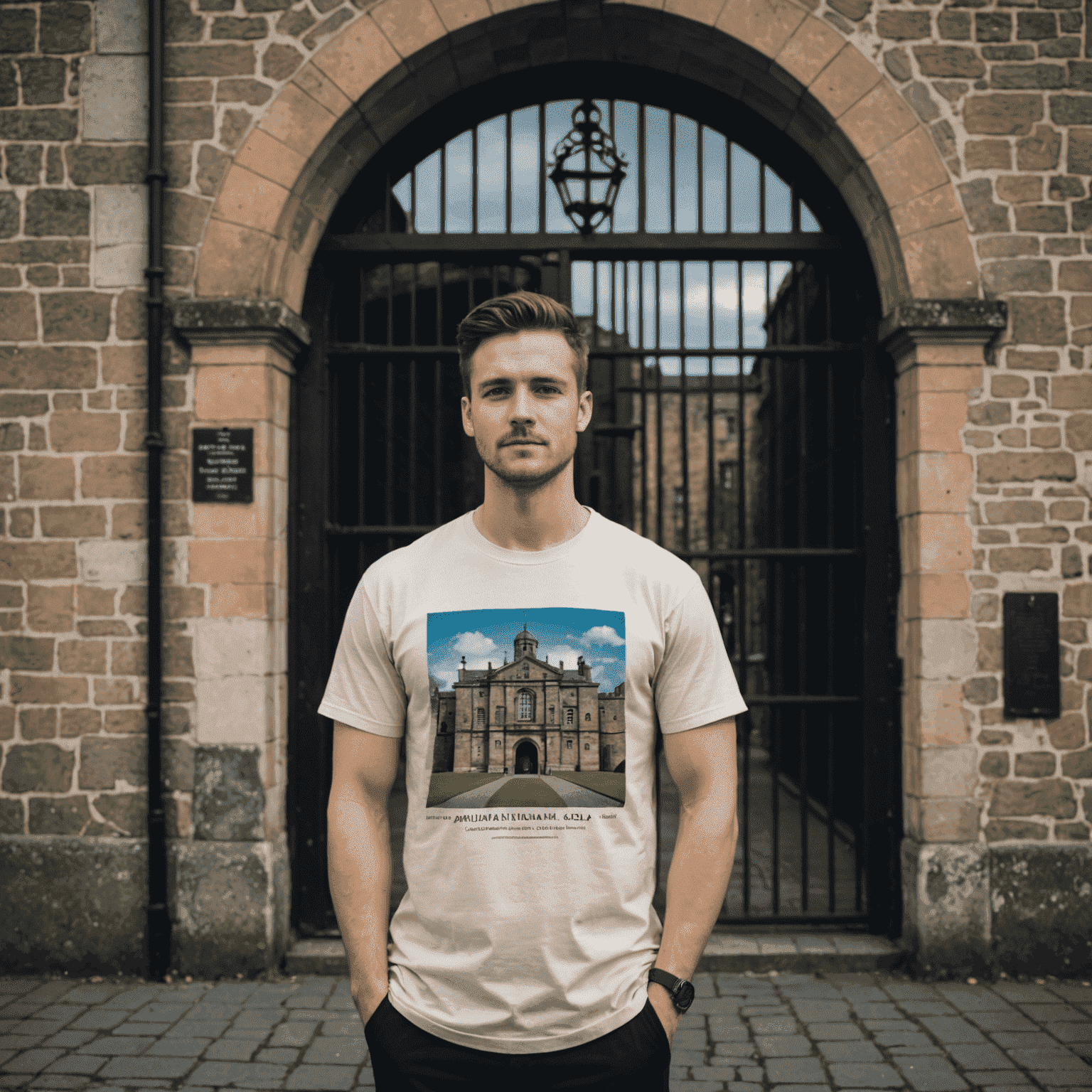 A person wearing a custom Kilmainham-inspired t-shirt, standing in front of Kilmainham Gaol